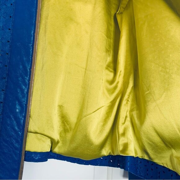 dianaira Royal Blue Perforated Floral Pattern Lambskin Leather Blazer Jacket - Picture 5 of 9